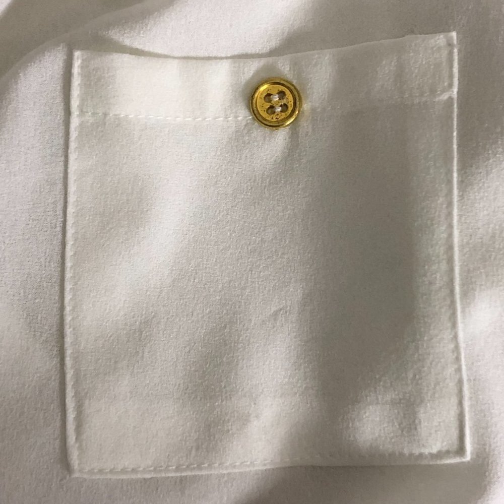 MINE Sheer Blouse Women's size L White & Gold Button T Back 3/4 Sleeve - Picture 4 of 11